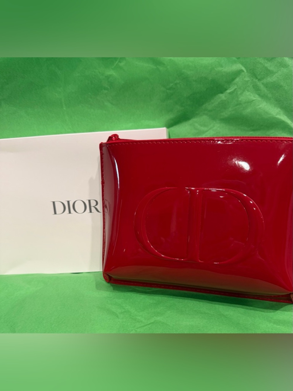 Dior Red Patent CD Logo Zip Pouch Clutch New with Box